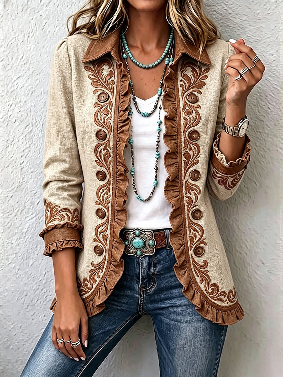 Ottavia - Chaqueta Bohemia Floral Vintage Camel y Marrón con Volantes