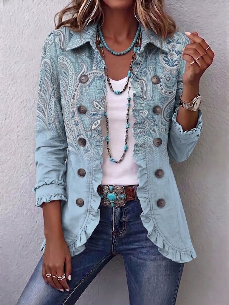 Emilia - Chaqueta Paisley Vintage Azul Cielo con Volantes