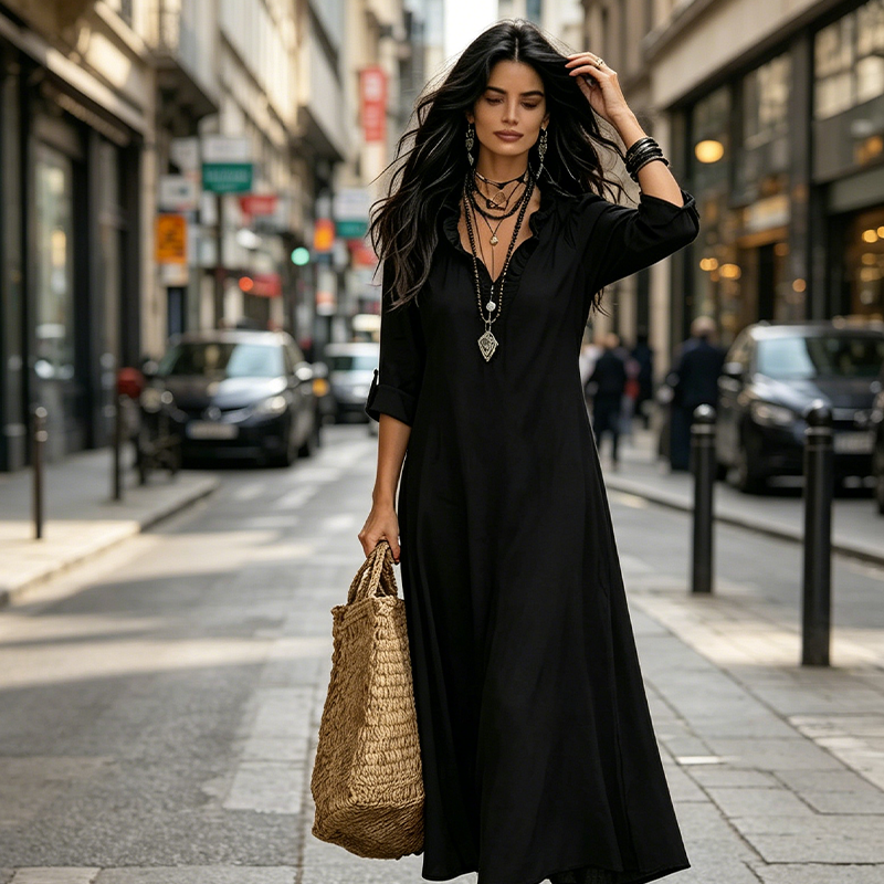 Otranto - Vestido Maxi Boho Cuello en V con Volantes