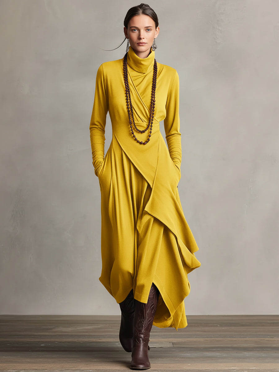 Scanno - Vestido Maxi Bohemio de Cuello Alto con Drapeado Asimétrico